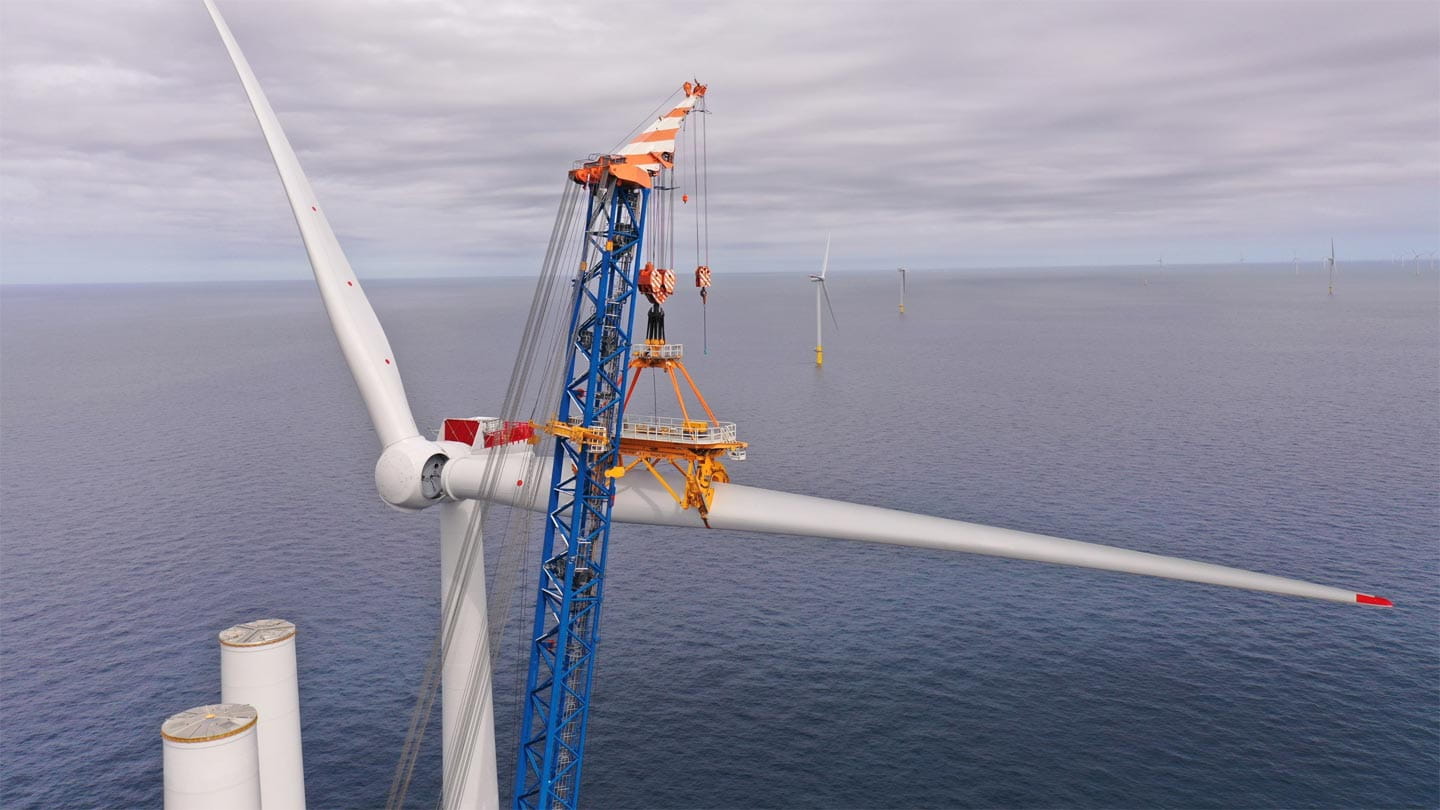 Blade installation during the construction of Ørsted's Hornsea 2 offshore wind farm.