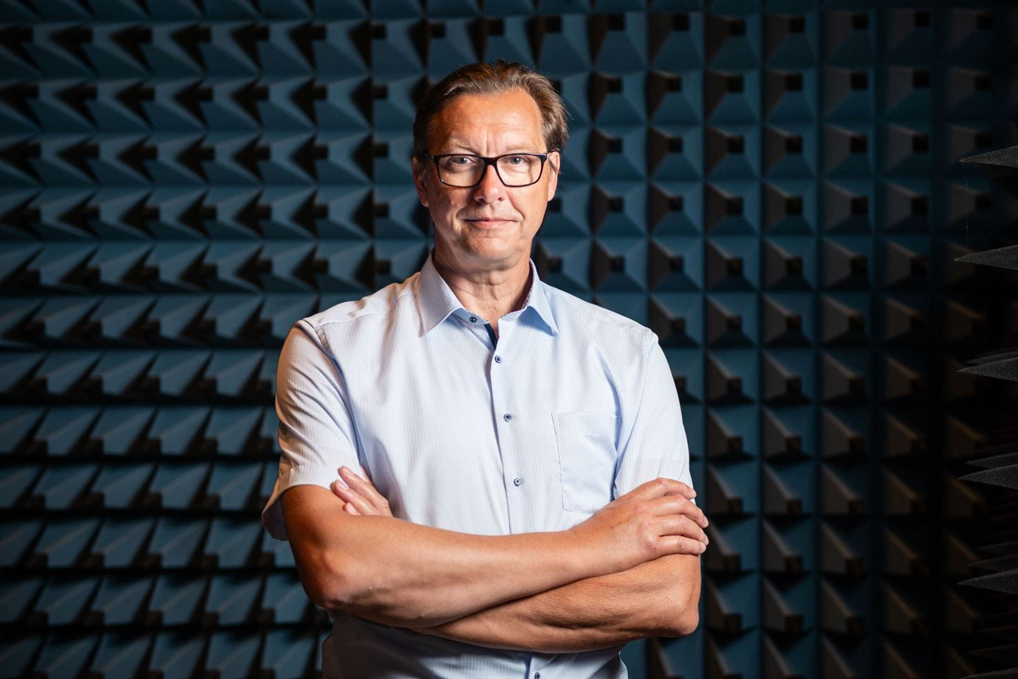 Olav Breinbjerg in the DTU-ESA Spherical Near-Field Antenna Test Facility, one of the world's most advanced radio anechoic laboratories with conditions similar to outer space. Photo by Christian Breinbjerg.