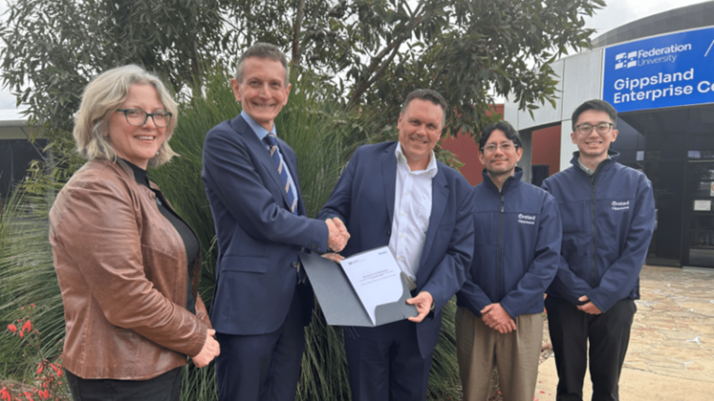 Federation University’s Associate Director Partnerships and Growth Mikaela Power and Vice Chancellor Professor Duncan Bentley,  with Ørsted’s Søren Westergaard Jensen, Alfonso Ma-Tay and Jason Chuang at the official signing of the MOU at Federation University’s new APRETC Gippsland facility in Churchill 