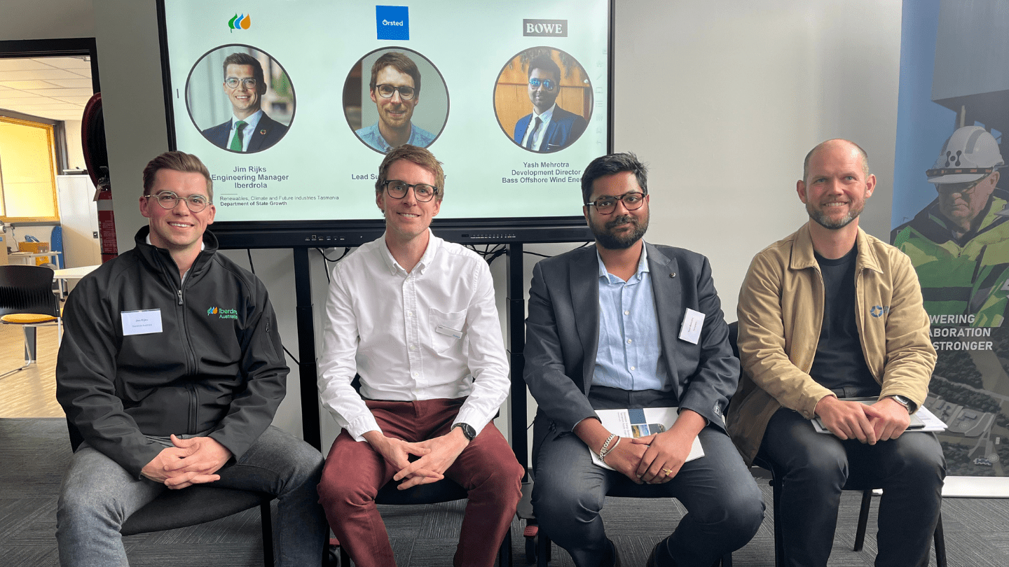 Jim Rijks (Iberdrola), Marc Adams (Ørsted) and Yash Mehrotra (Bass Offshore Wind Energy Project) with Offshore wind Q&A panel facilitator Sean Van Steel
