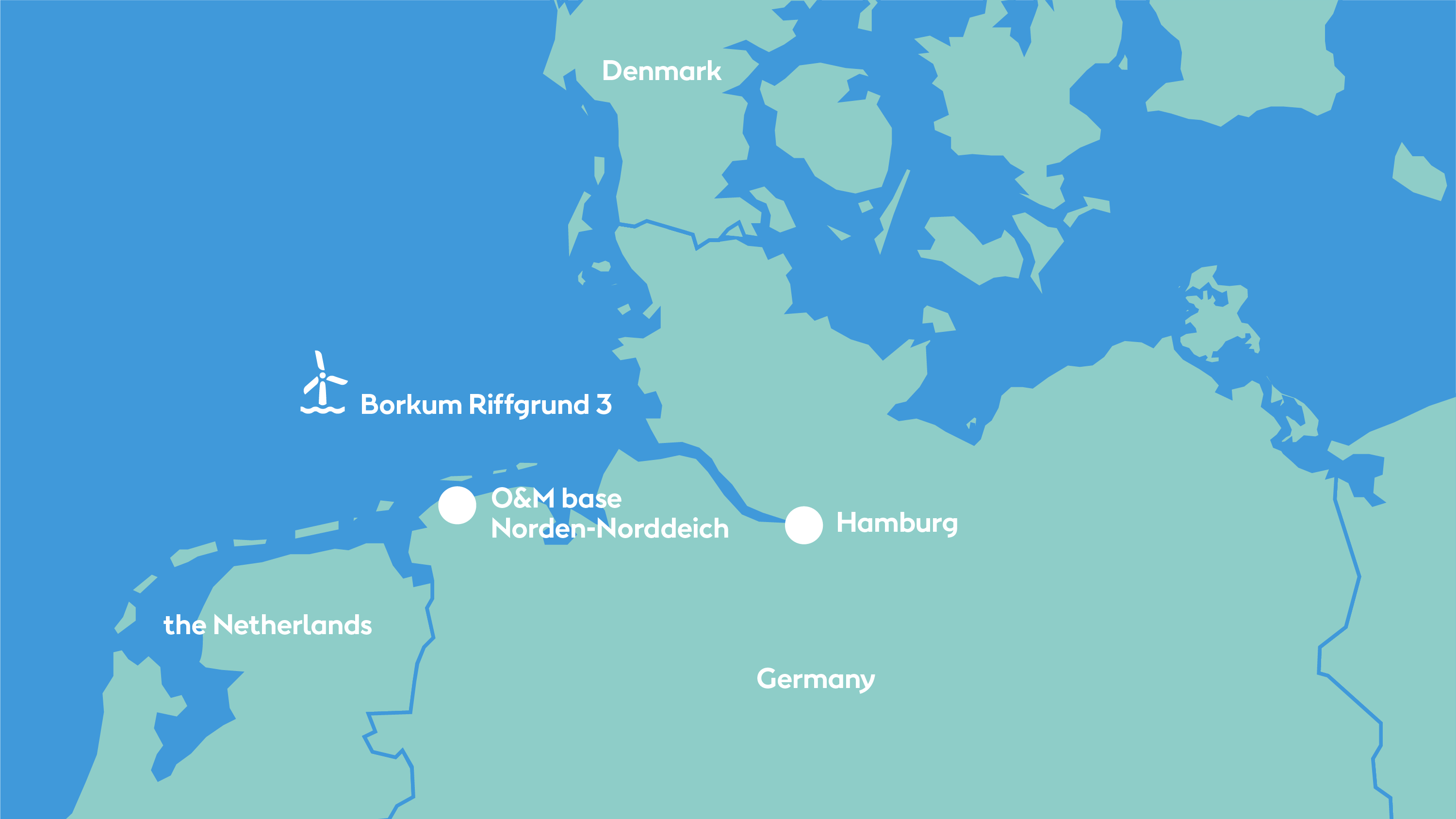 Map depicting Ørsted's Borkum Riffgrund 3, an offshore wind farm supplying energy to Germany.