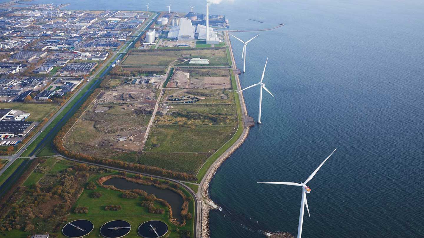 Aerial view of the Avedøre heat and power plant near Copenhagen