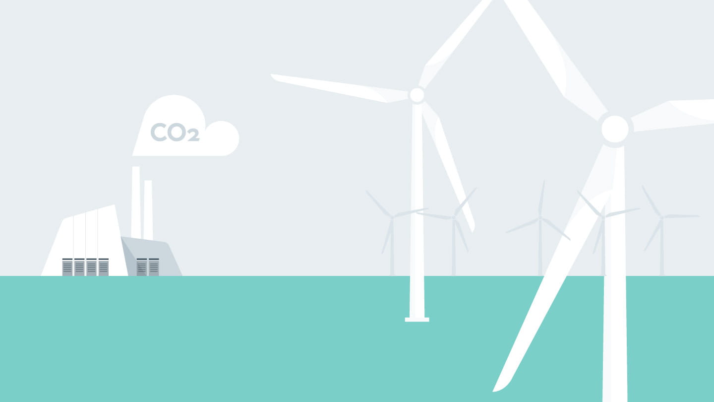 Graphic showing four wind turbines: one white wind turbine in the foreground, and three blue ones in the background.