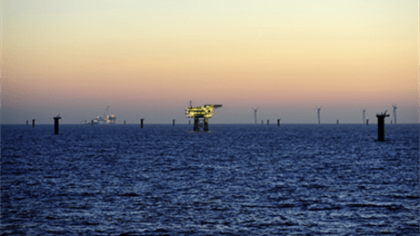 A view of Borkum Riffgrund 1 with its substation and foundations in place.