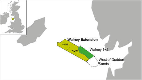 Walney Extension Havmøllepark ligger ud for den engelske vestkyst i det Irske Hav. Parken inddeles i to faser.