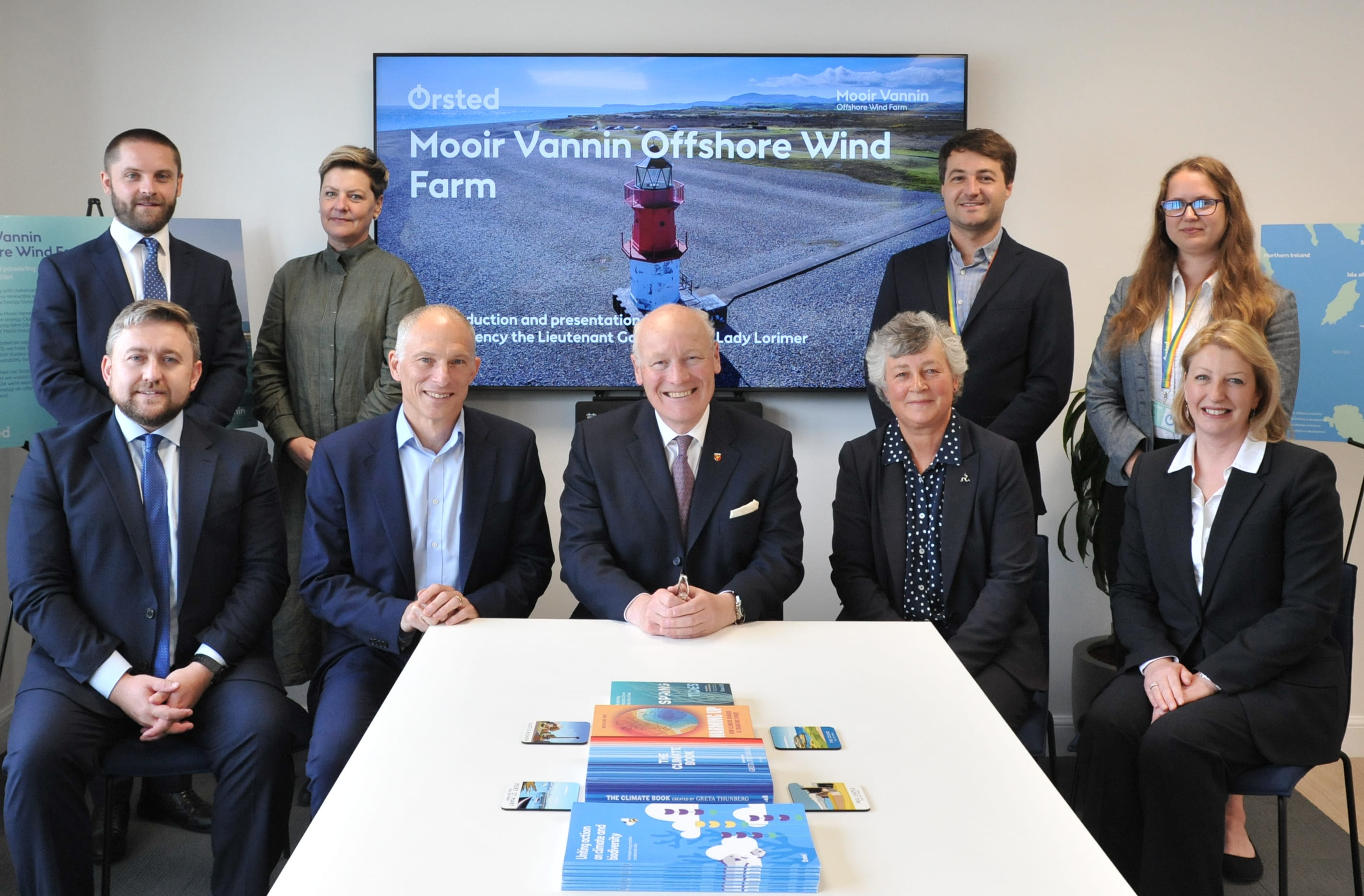 His Excellency the Lieutenant Governor and Lady Lorimer pictured with Duncan Clark and John Galloway of Ørsted and members of the Mooir Vannin Offshore Wind Farm development team.