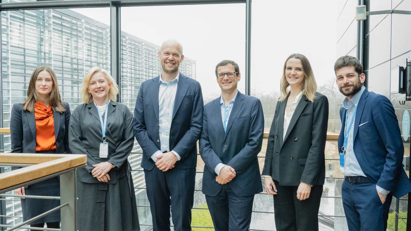 From left to right: Marianne Hassl, Market Manager for offshore wind Spain and Portugal at Ørsted; Lena Rudstrøm, Business Development Director, Nordics at Acciona; Rasmus Errboe, Executive Vice President and CEO of Region Europe at Ørsted; Daniel Cuartero, Chief Technology Officer at Acciona; Gabriel Davies, Head of the Floating Wind Programme at Ørsted; Miguel Cordón Vélaz, Offshore Business Development Manager at Acciona – gathered at Ørsted's global headquarters in Gentofte, Denmark.