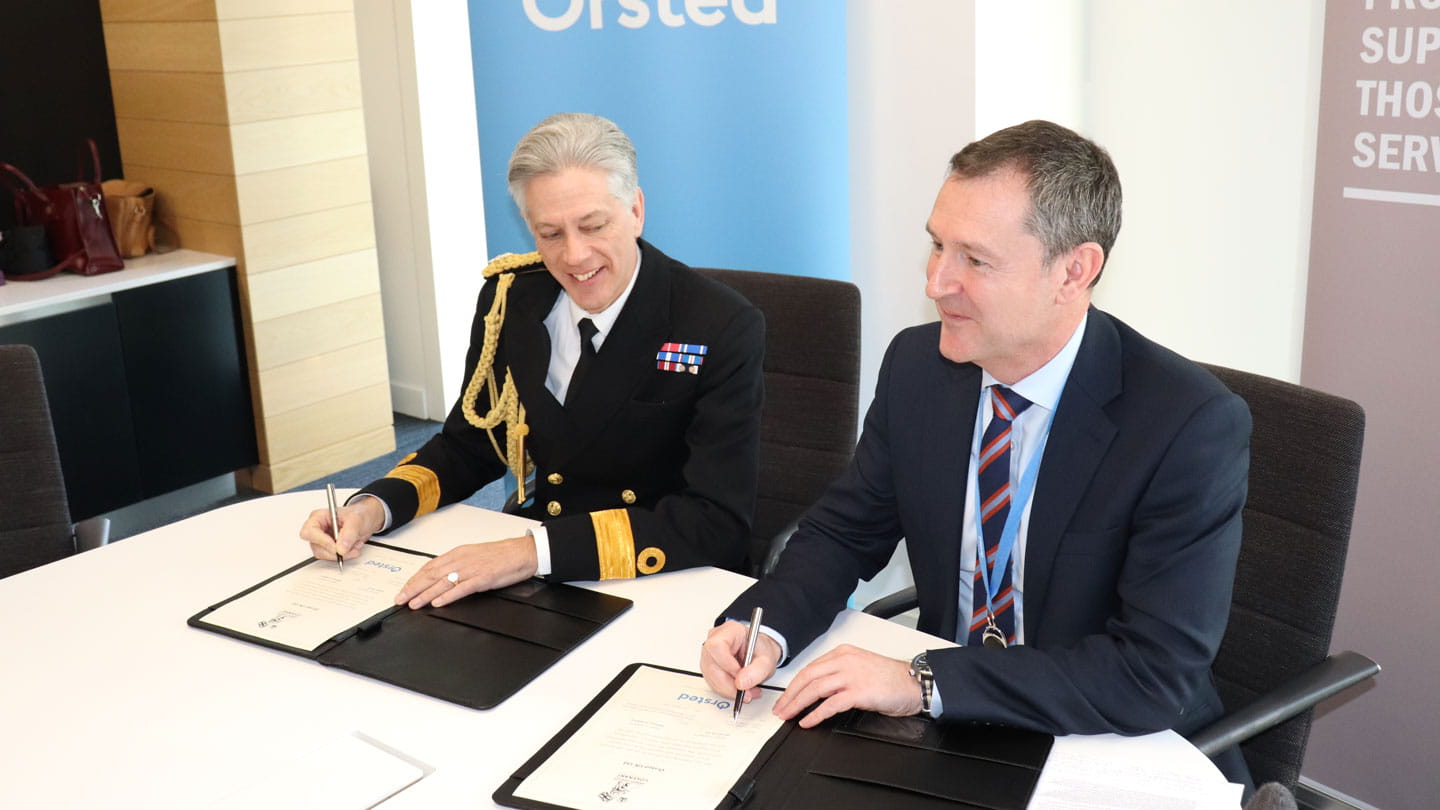 Left to Right: Commodore David Elford and Matthew Wright, Ørsted MD sign the Armed Forces Covenant.