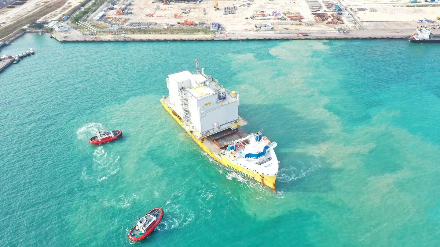 The picture shows the first of two Ørsted Offshore converter Station Topsides leaving from the yard in Thailand.