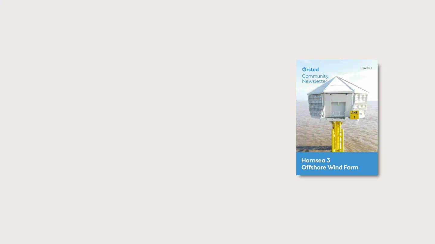 Front cover of the Hornsea 3 May 2024 newsletter. The image shows an offshore artificial nesting structure