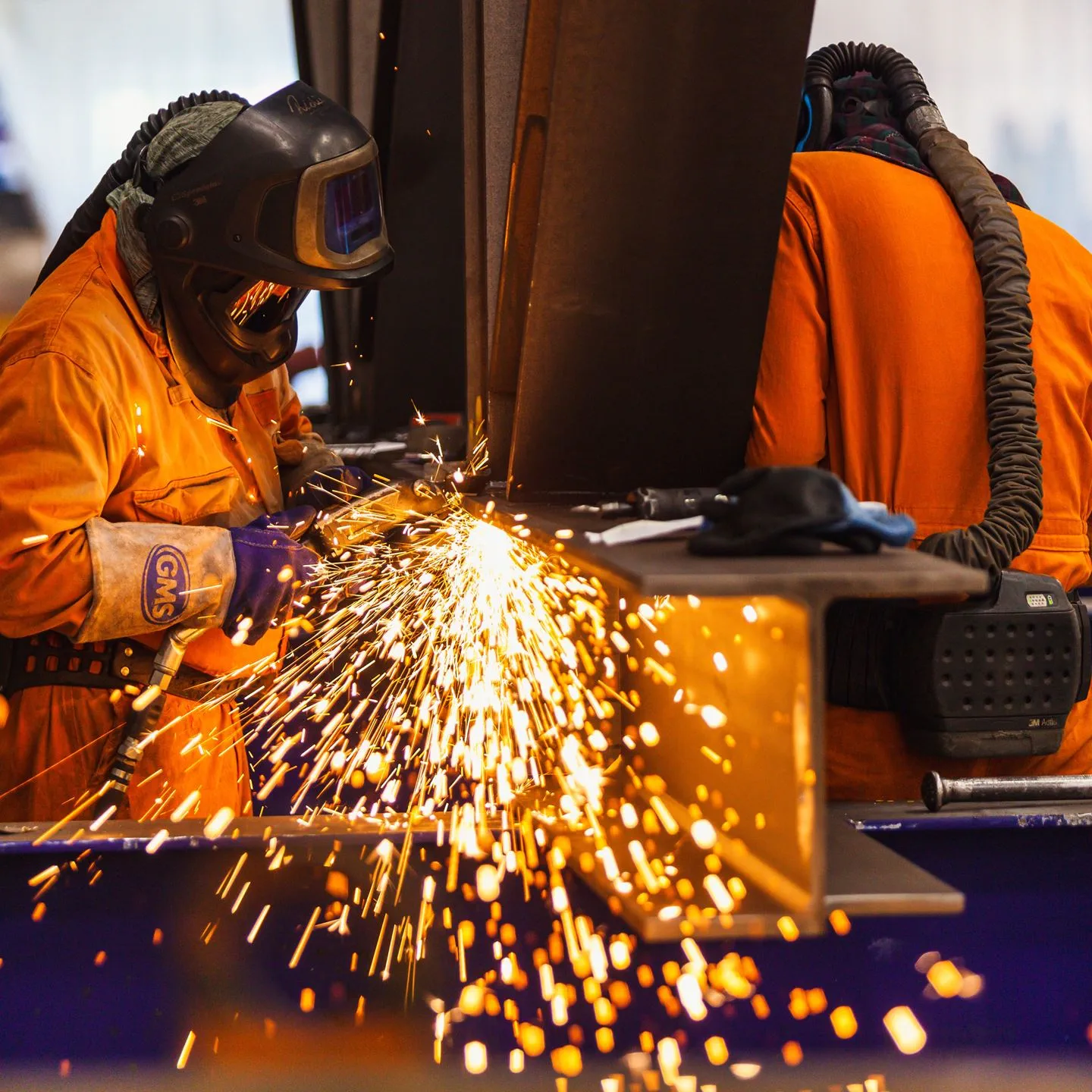 Two of Severfield's shop floor colleagues welding at the facility in Thirsk, North Yorkshire