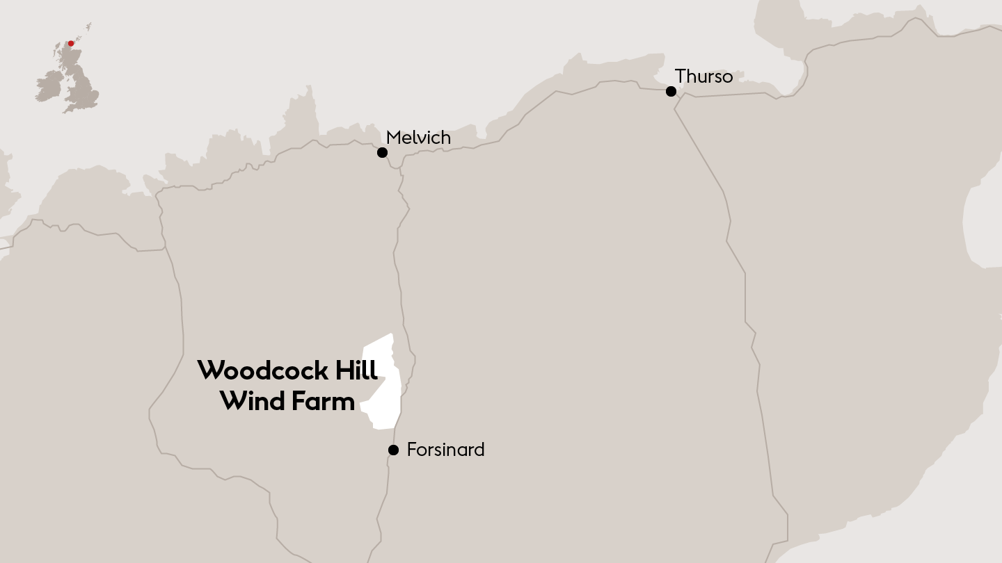 Map showing the location of Woodcock Hill Wind Farm. Location is close to Forsinard, south east of Thurso in northern Scotland.