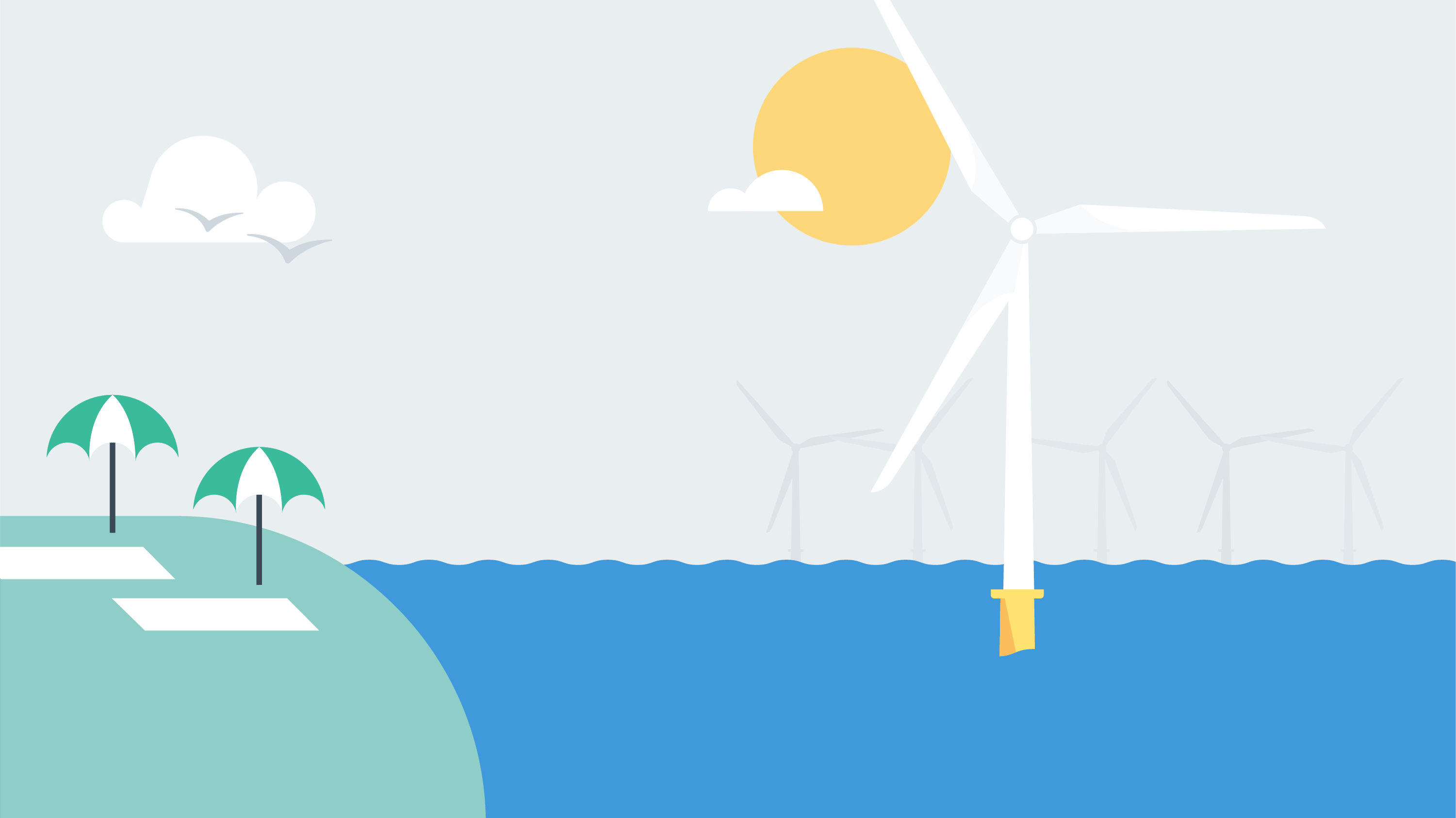 Offshore wind turbines overlooking beach towels and umbrellas represent the limited impact of offshore wind on tourism.