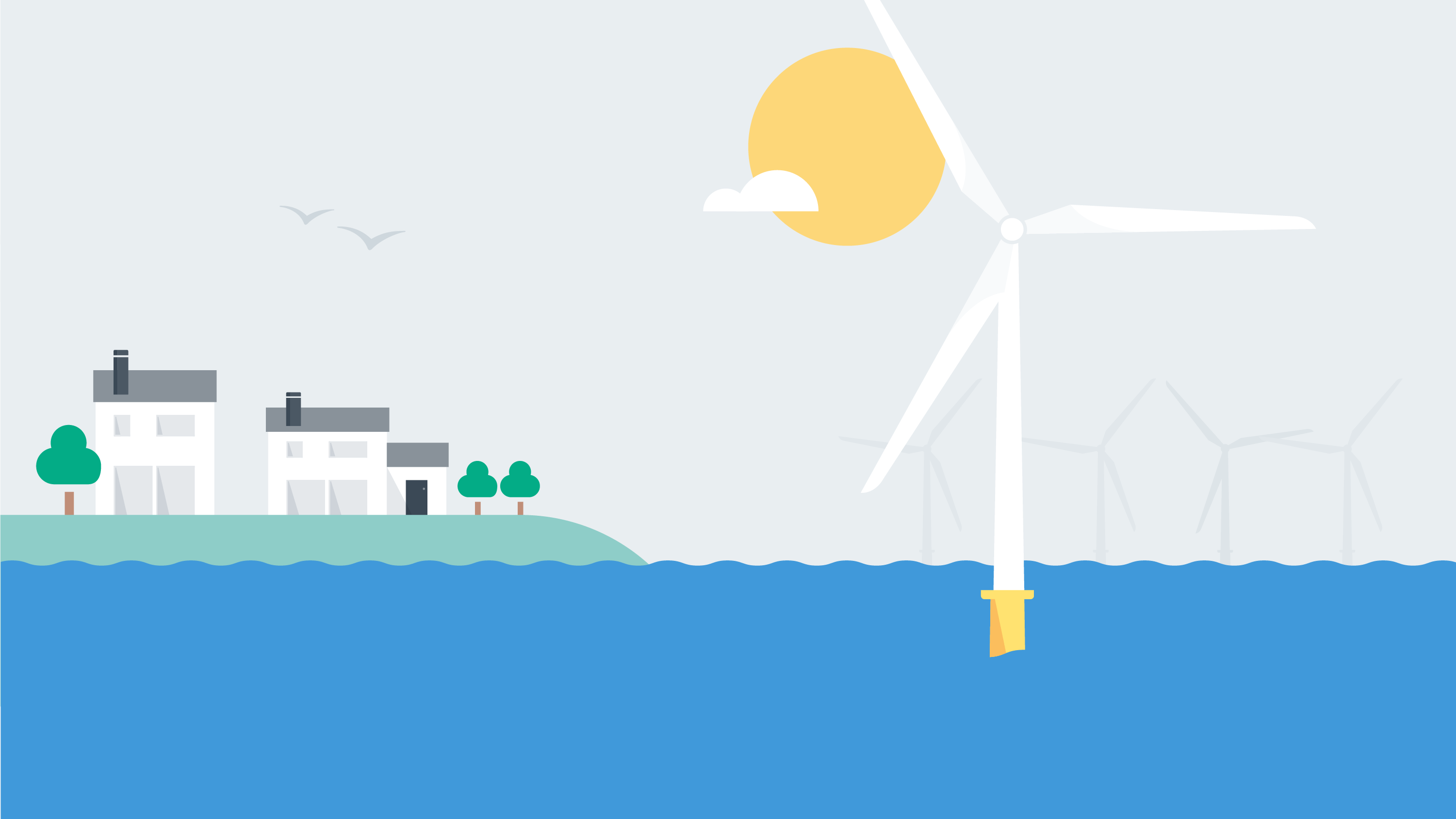 Offshore wind turbines juxtaposed with homes on shore represent the limited impact of offshore wind on property values.