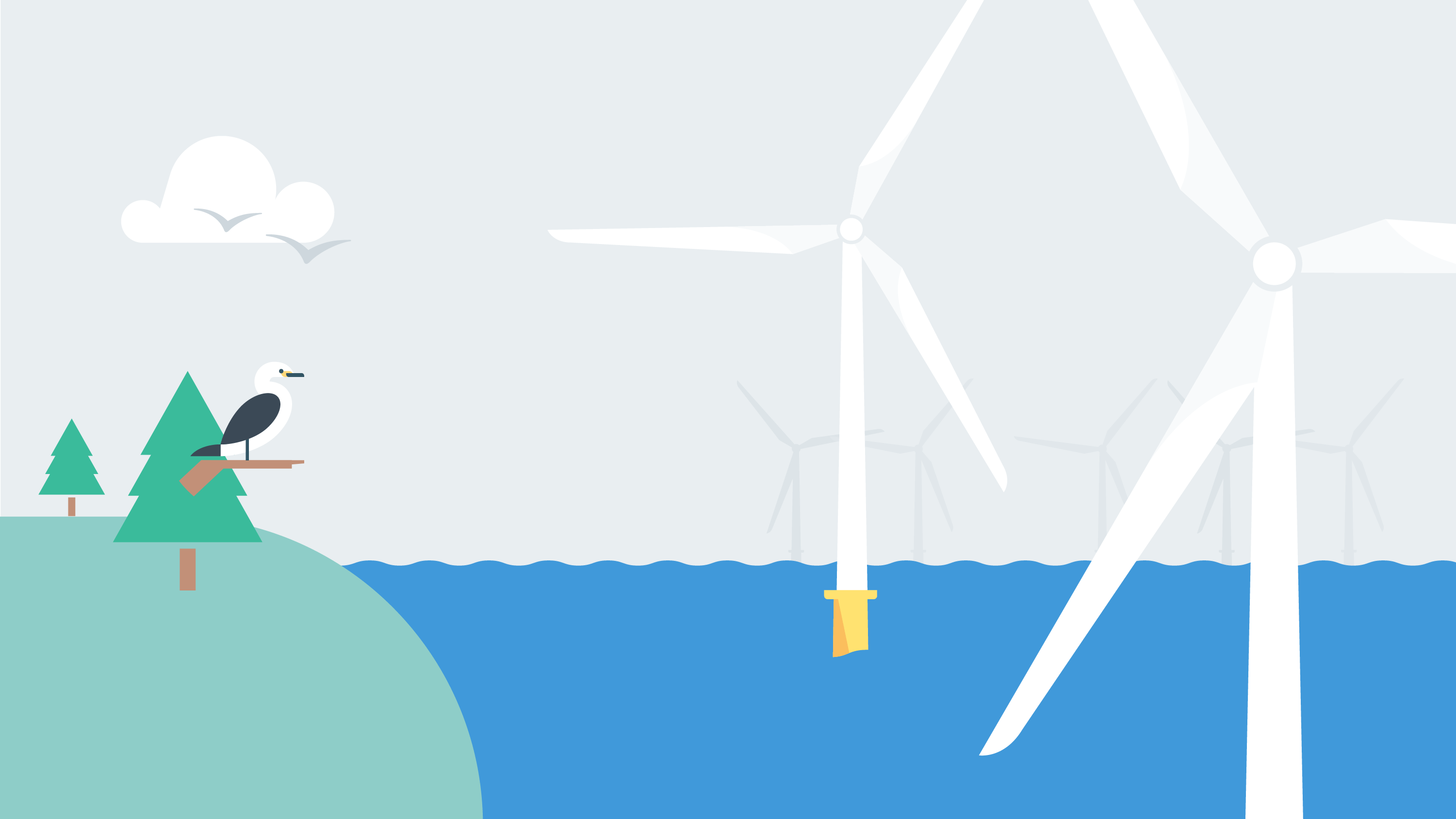 A bird resting on a tree branch facing offshore wind turbines shows how seabirds can coexist safely with offshore wind.