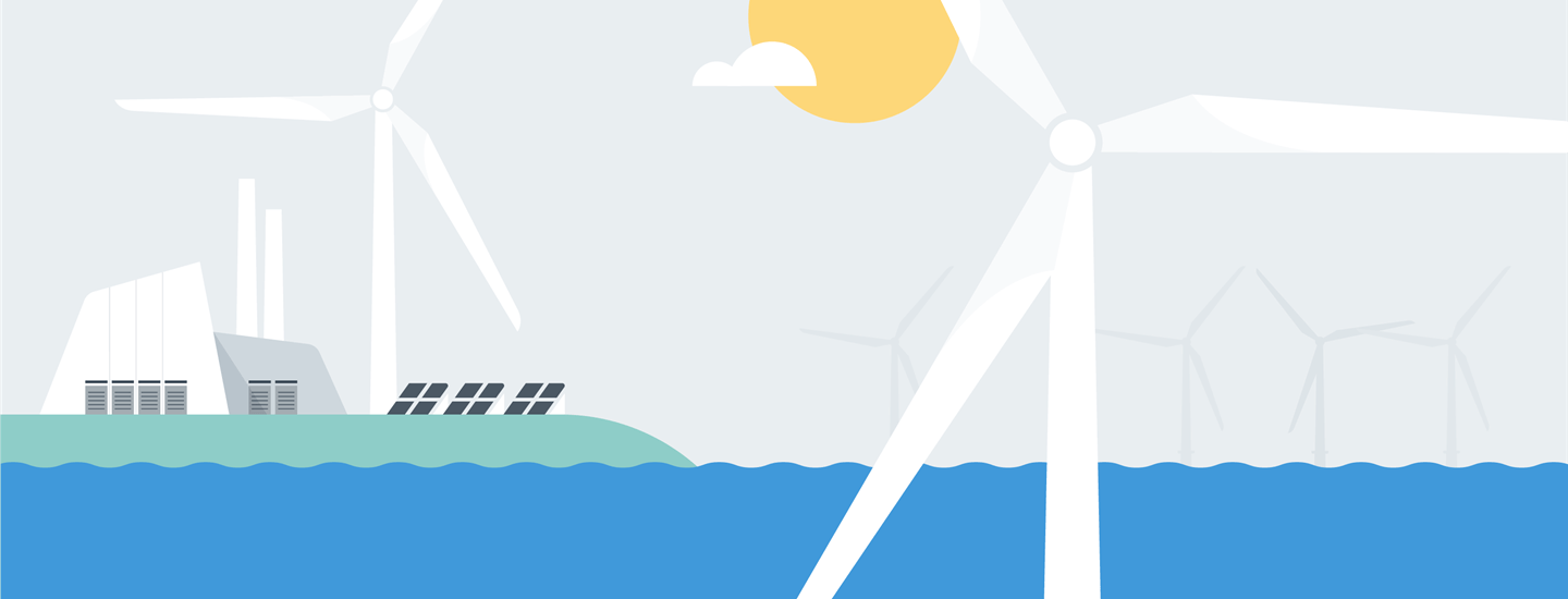 Several offshore wind turbines juxtaposed with onshore energy sources, showing the reliability of offshore wind energy.