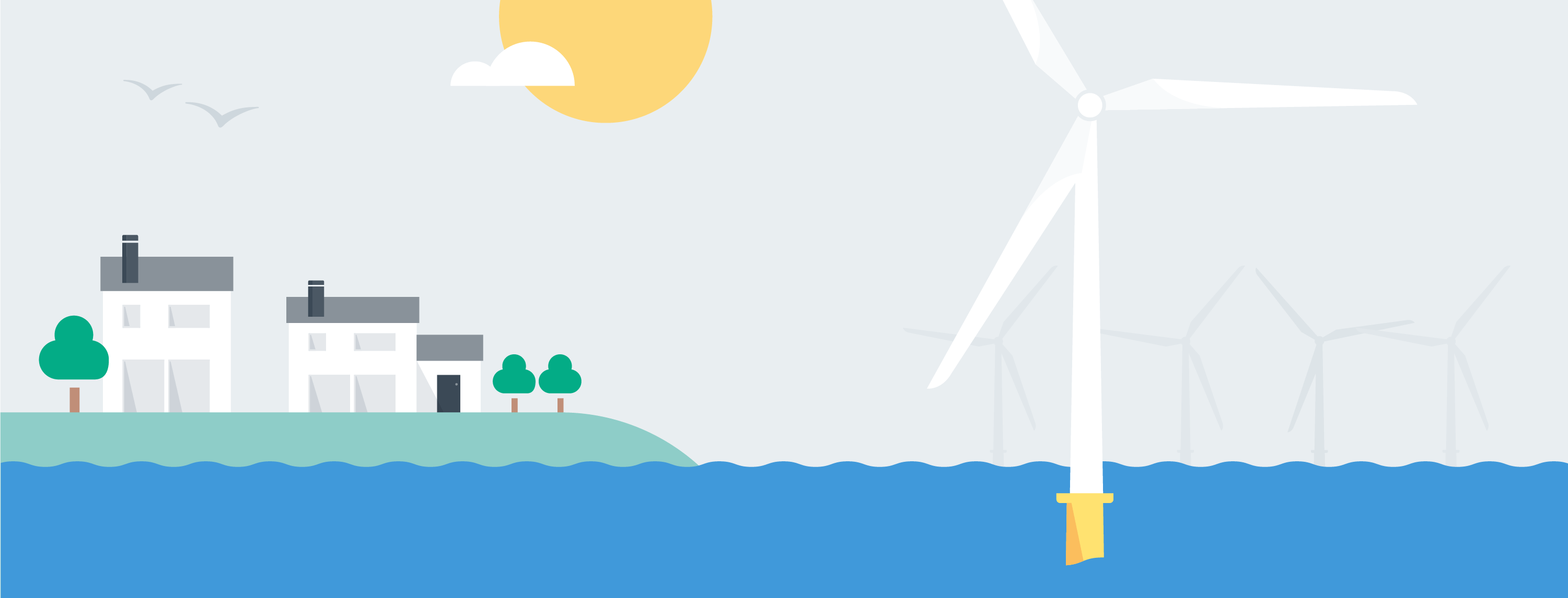 Offshore wind turbines juxtaposed with homes on shore represent the limited impact of offshore wind on property values.