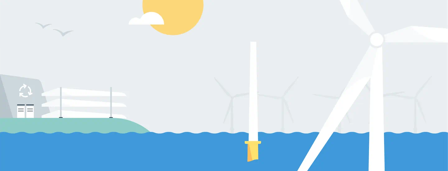 Illustration of wind turbine blades on shore and an offshore wind turbine at sea shows how turbines can be recycled.
