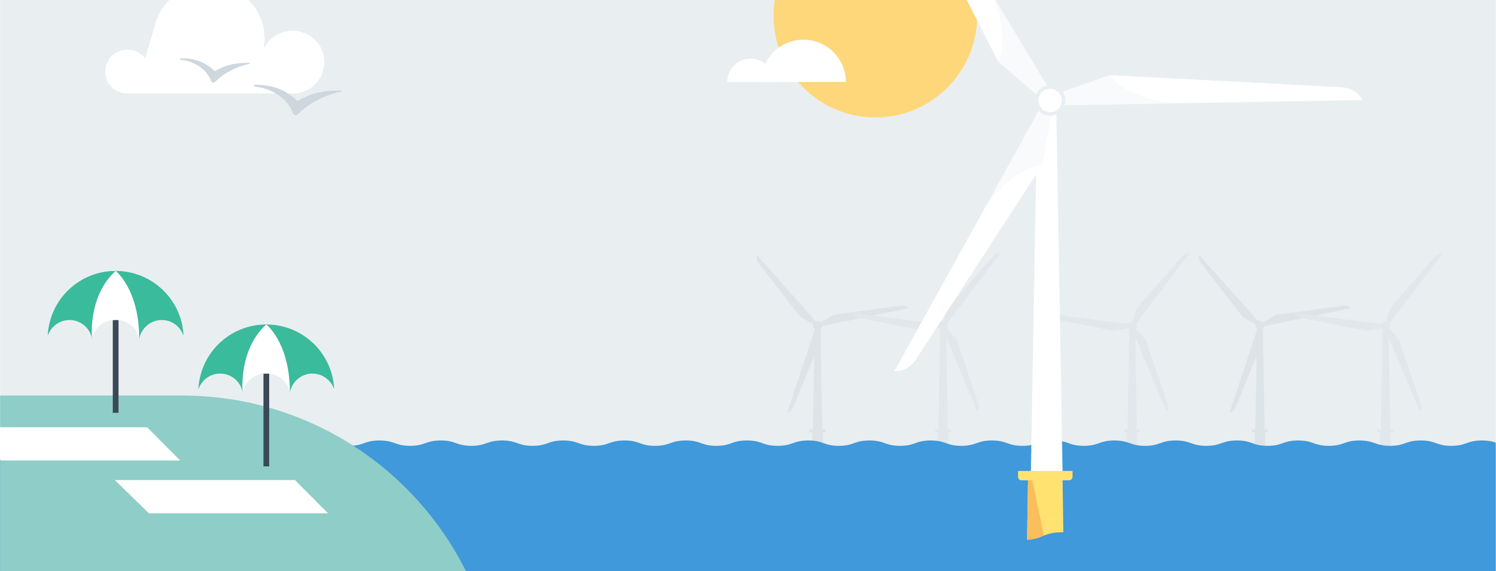 Offshore wind turbines overlooking beach towels and umbrellas represent the limited impact of offshore wind on tourism.