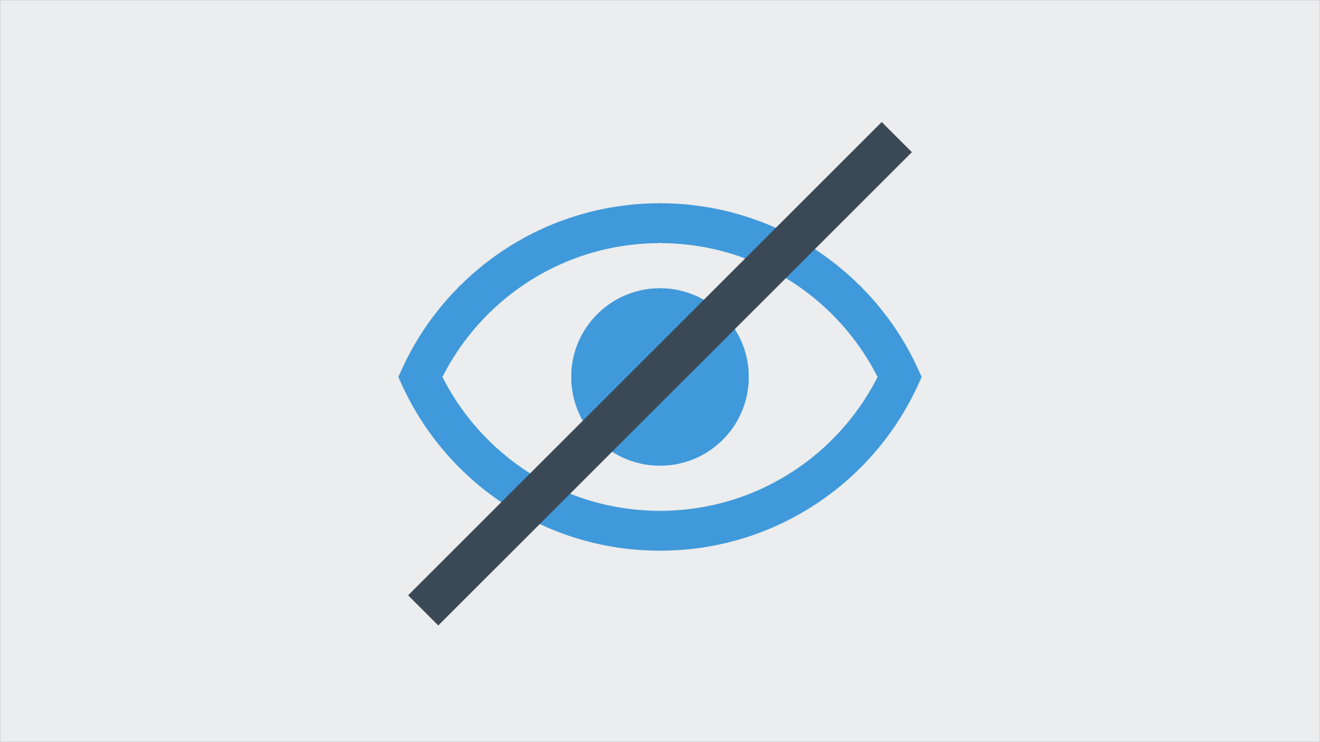 A blue pictogram of an eye with a black strike through it, representing how offshore wind turbines are hardly visible.