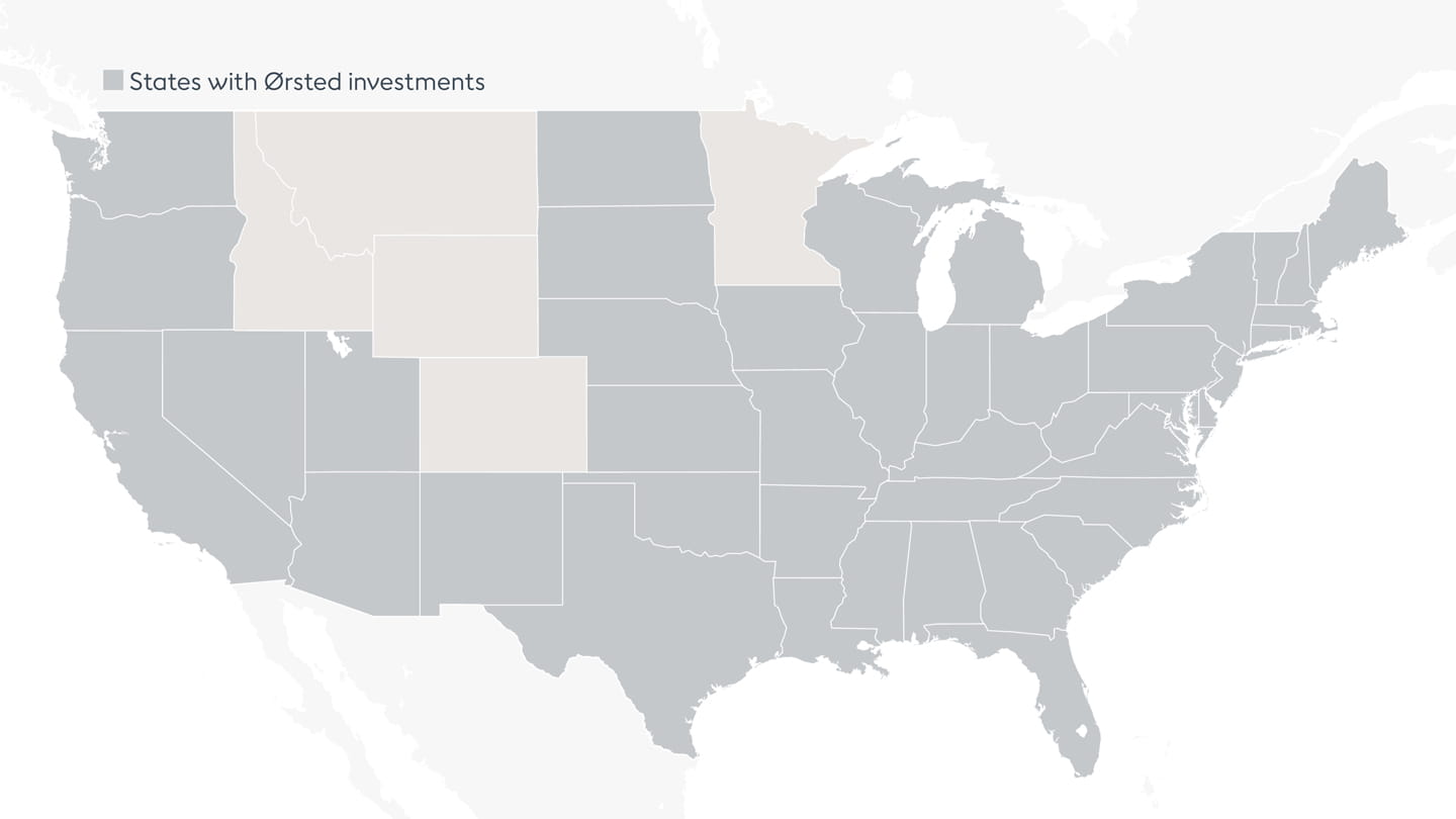 A map highlighting the 44 states that are part of and benefit from Ørsted's clean energy supply chain in America