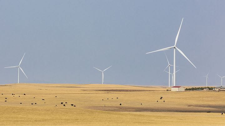Six land-based wind turbines at Ørsted's Willow Creek location, an example of U.S. onshore wind delivering clean energy.